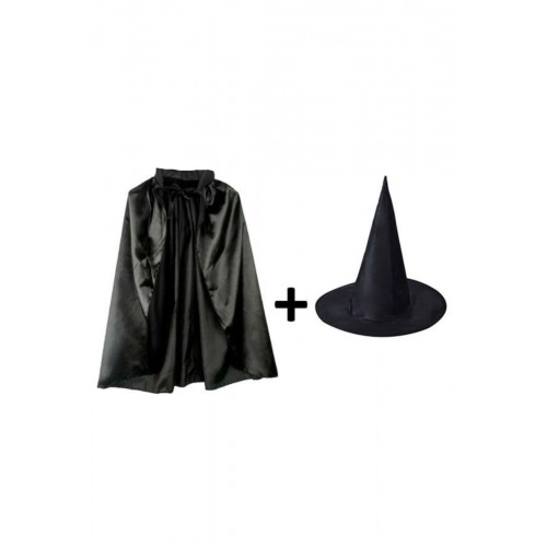 Cadı Şapkalı Siyah Pelerin Haloween Kostüm Seti
